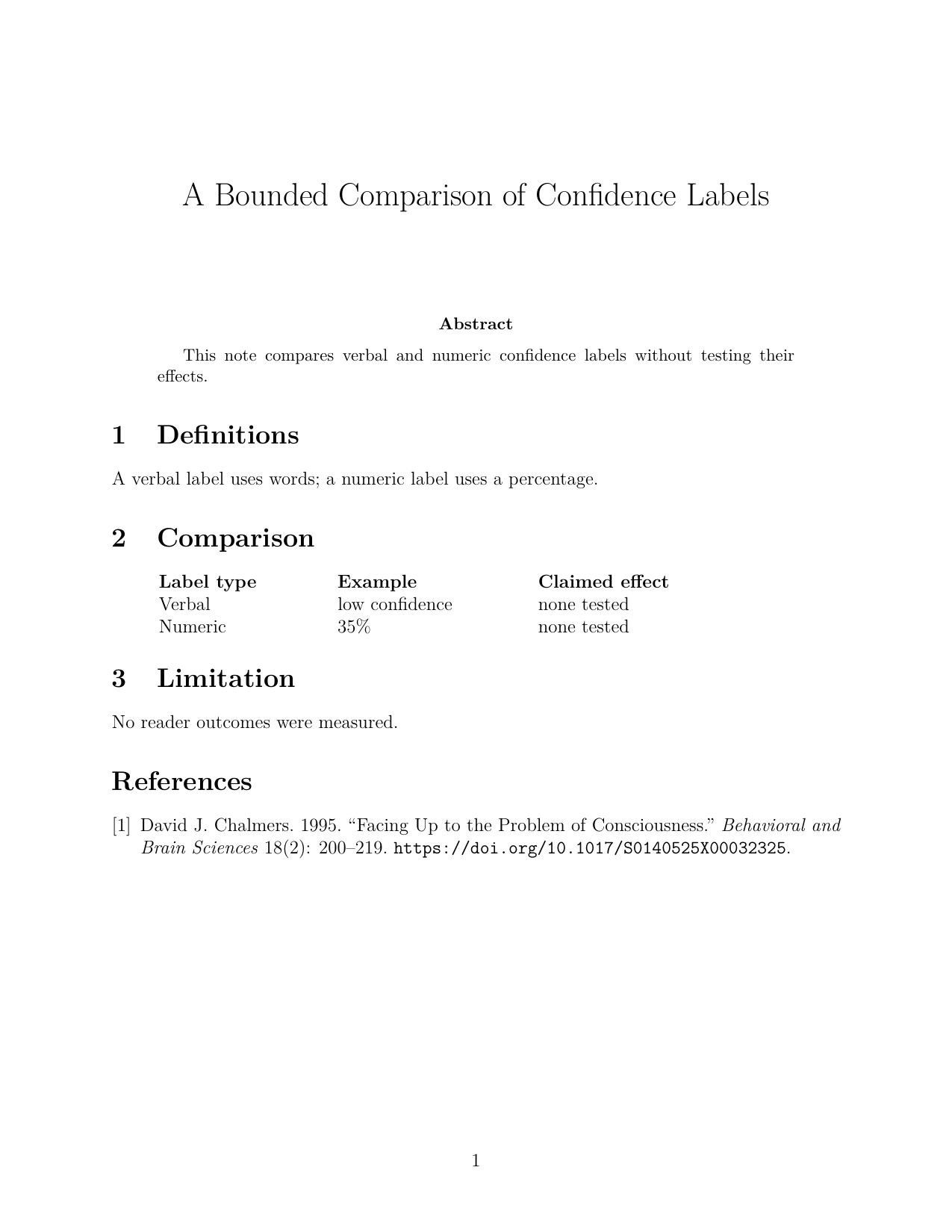 One-page generated PDF with title, abstract, three numbered sections, a two-row confidence-label table and a supplied reference.